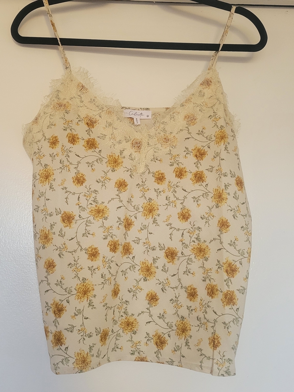 Calista Floral Lace Trim Cami Tank Top Cream Yellow Boho Size Medium
